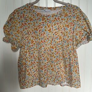 Zara Womens Floral Top Shirt L Multi-Color Puff Sleeve Knot
